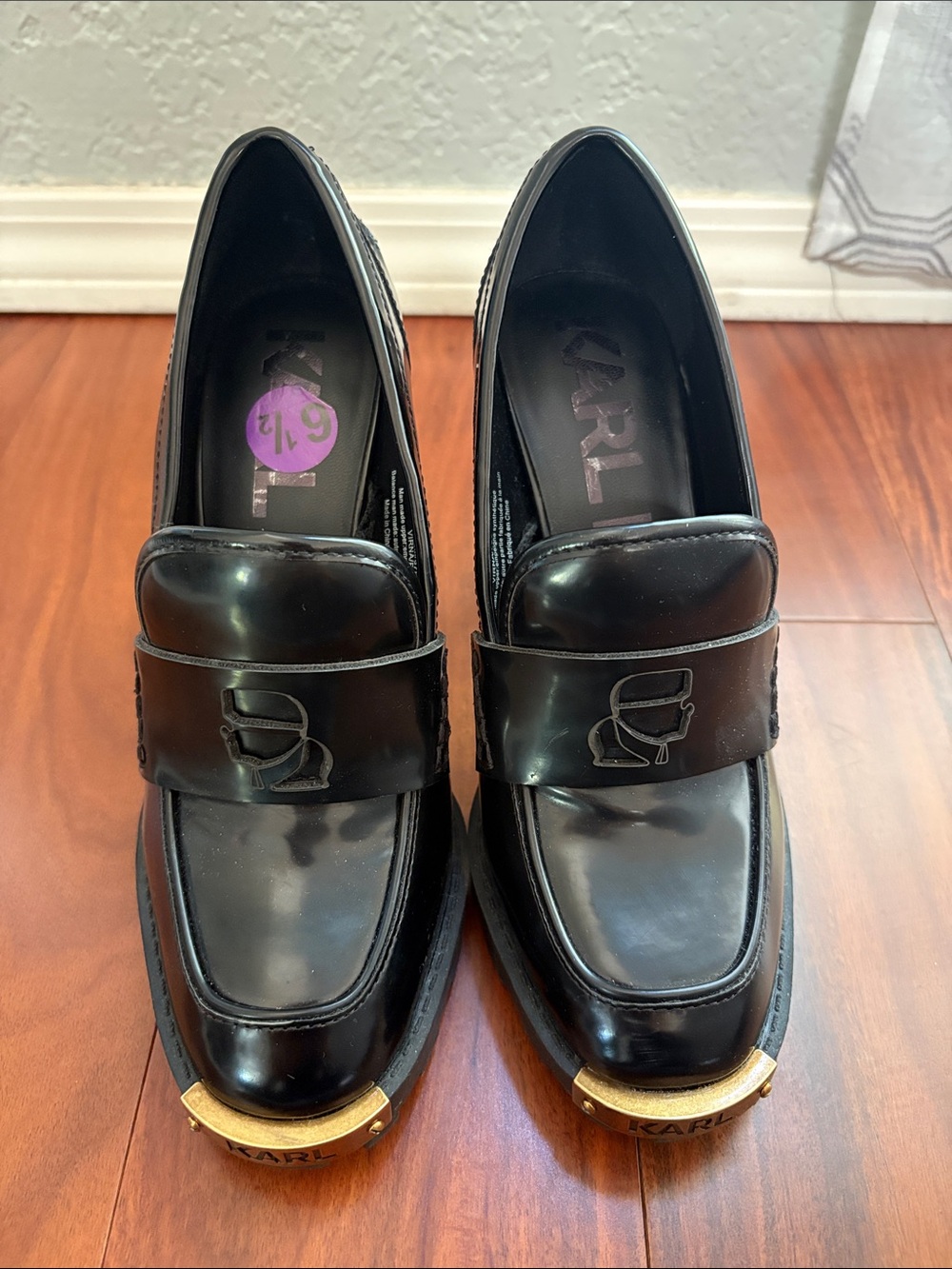 Karl Lagerfeld Women’s Patent High Heel Loafers with accent gold tip. Worn ONCE.